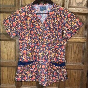 Butter Soft Autumn Leaves Top Women's M Cotton Poly 5 Pocket V-Neck Fall Scrubs